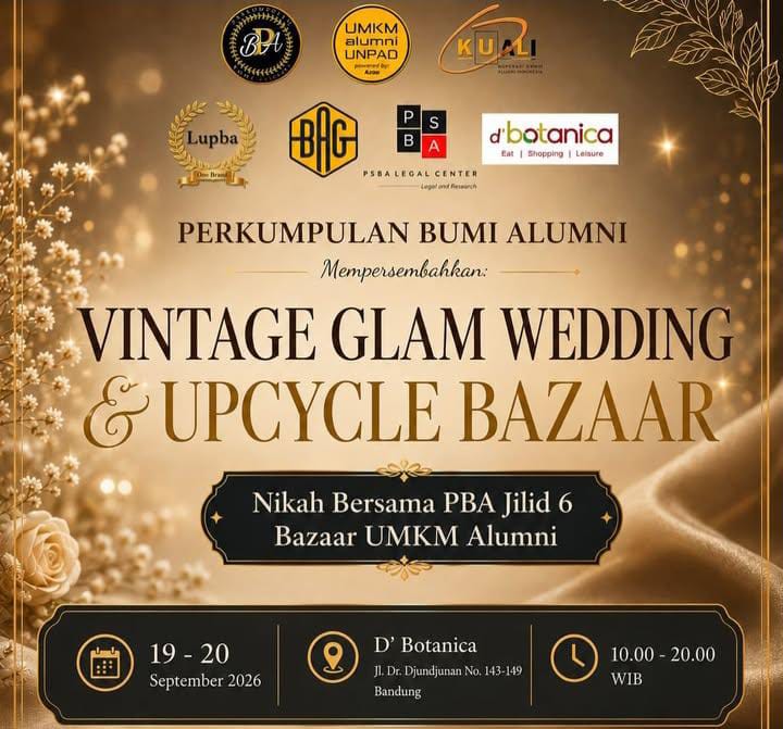 Perkumpulan Bumi Alumni (PBA) mempersembahkan acara tahunan spektakuler bertajuk "Vintage Glam Wedding & Upcycle Bazaar" (Nikah Bersama PBA Jilid 6). Foto : IG umkmalumni